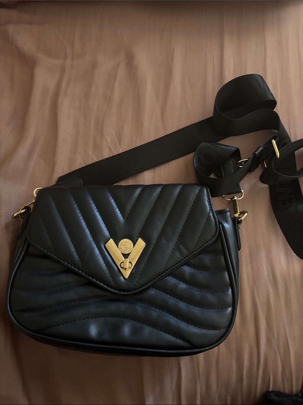 Valentino Orlandi Black Quilted Crossbody with Gold V Accent